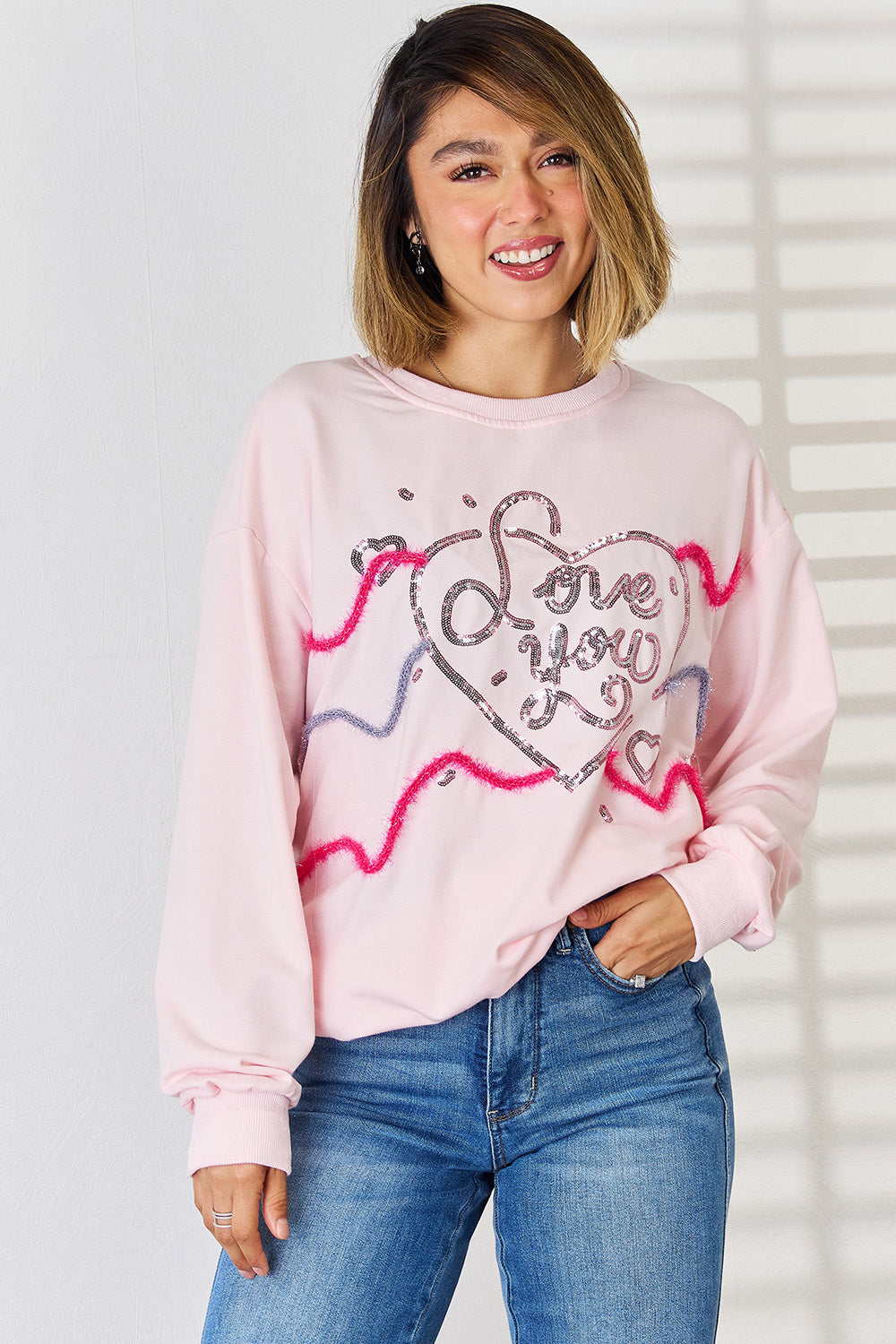 LOVE YOU Heart Sequin Round Neck Sweatshirt - Tantalize Boutique