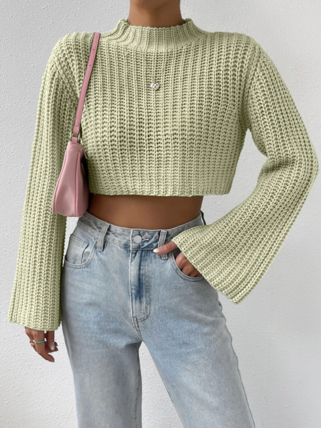 Mock Neck Long Sleeve Cropped Sweater - Tantalize Boutique