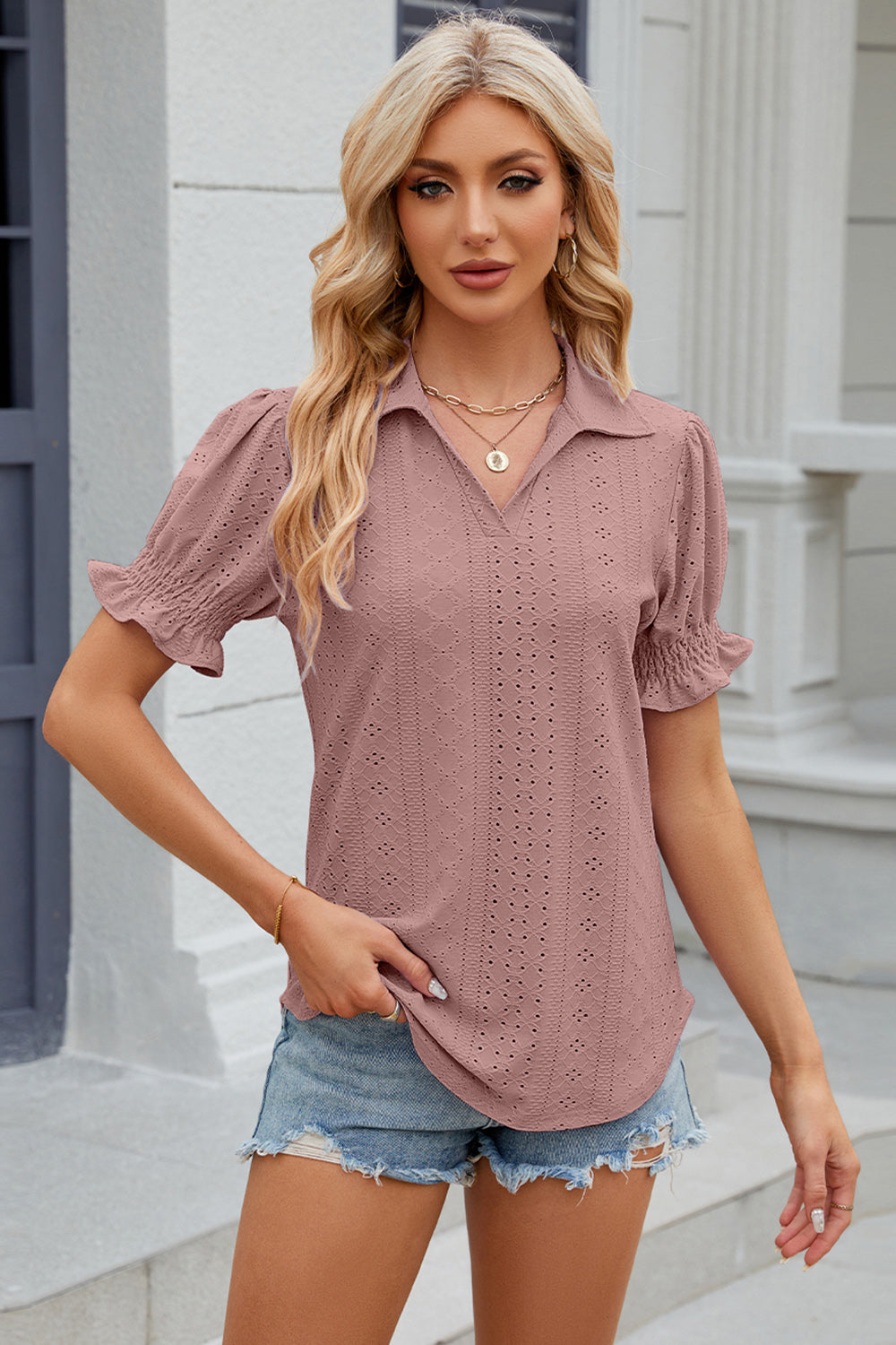 Eyelet Johnny Collar Short Sleeve Blouse - Tantalize Boutique