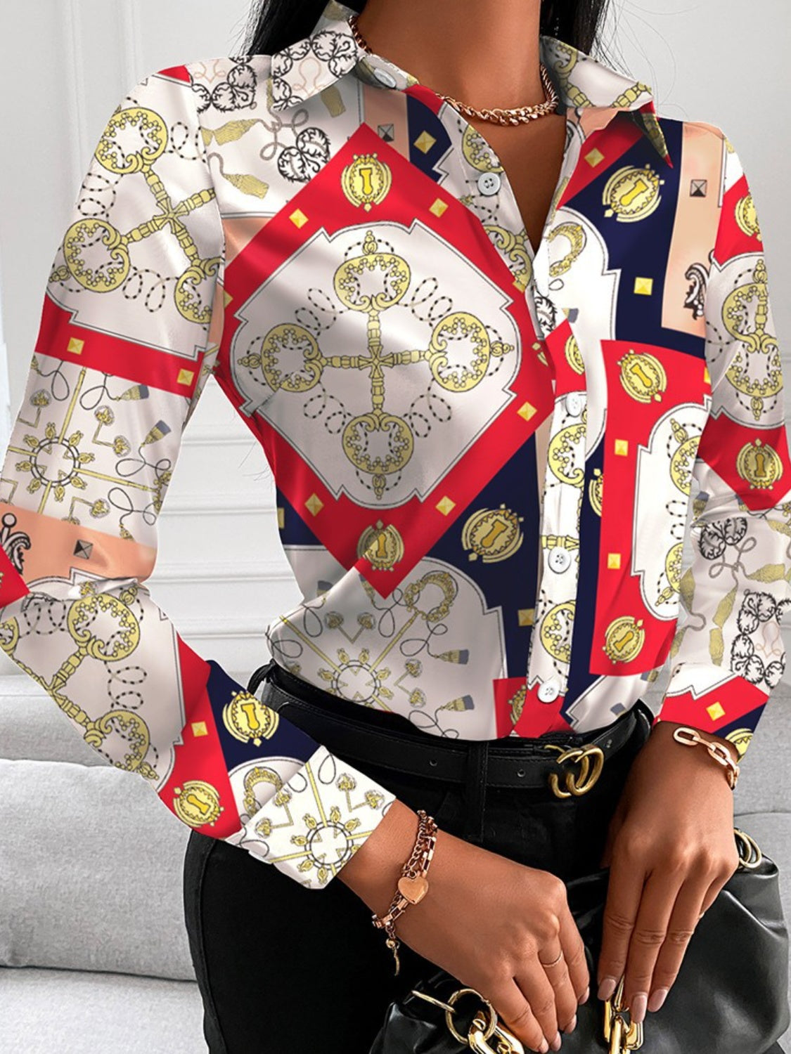 Printed Collared Neck Long Sleeve Shirt - Tantalize Boutique