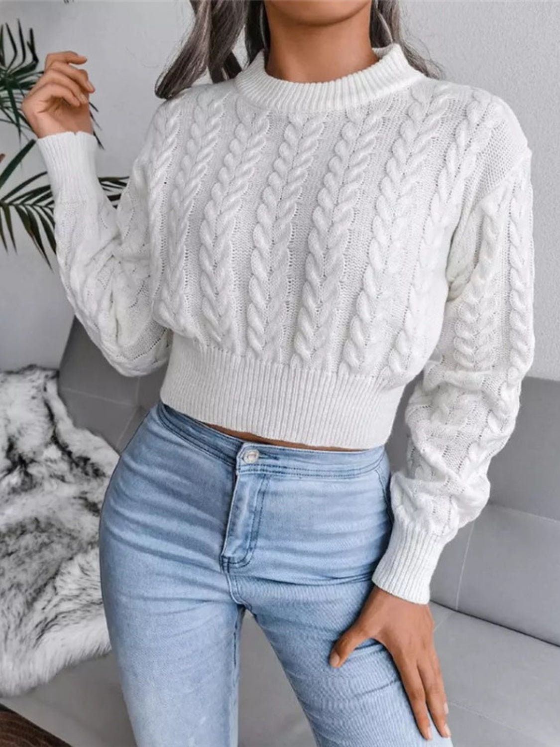 Cable-Knit Round Neck Cropped Sweater - Tantalize Boutique