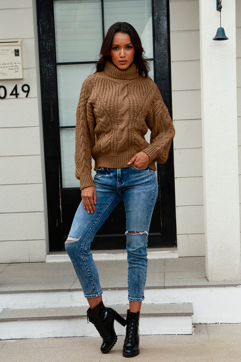 Cable-Knit Turtleneck Long Sleeve Sweater - Tantalize Boutique