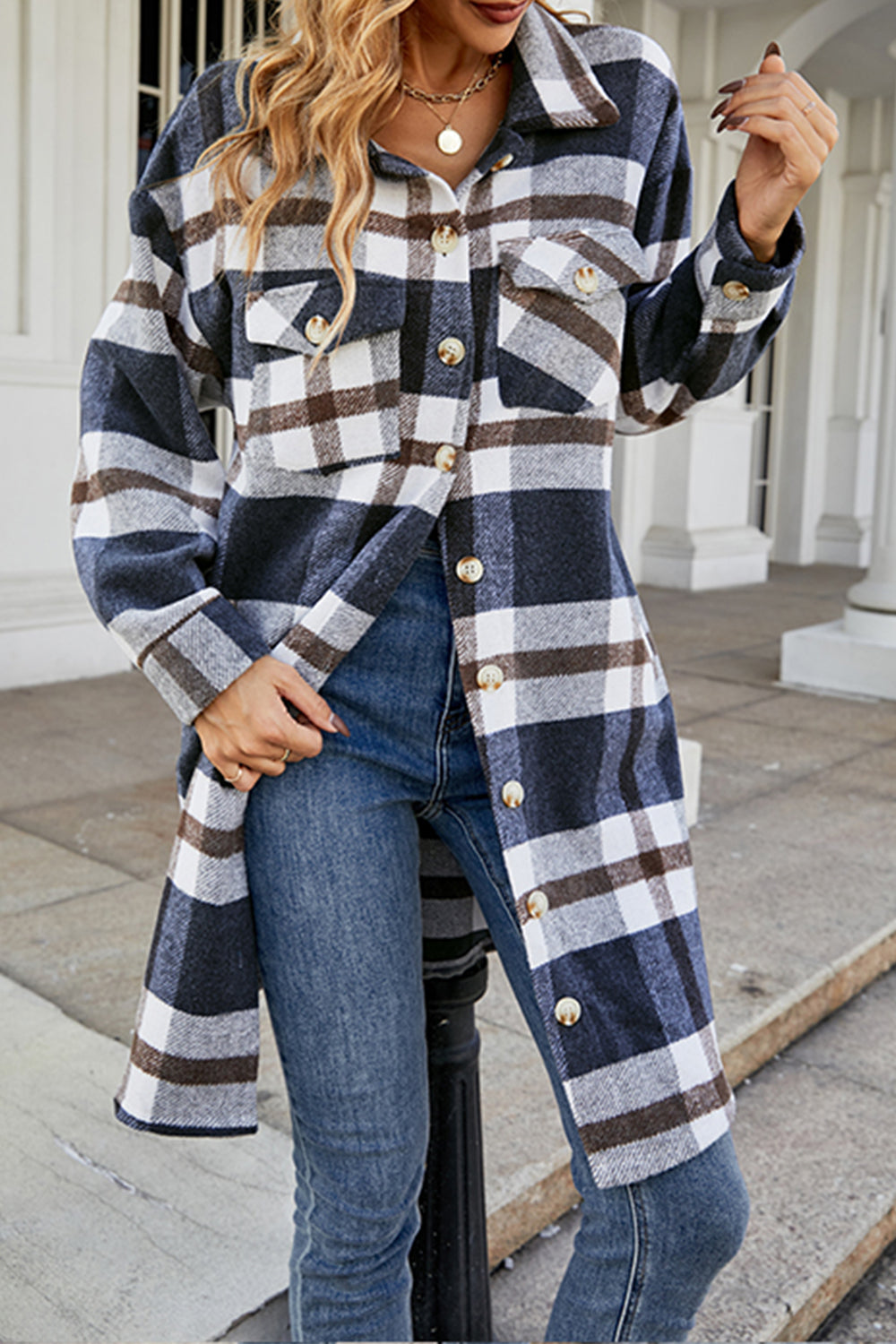 Plaid Button Up Collared Neck Coat with Pockets - Tantalize Boutique