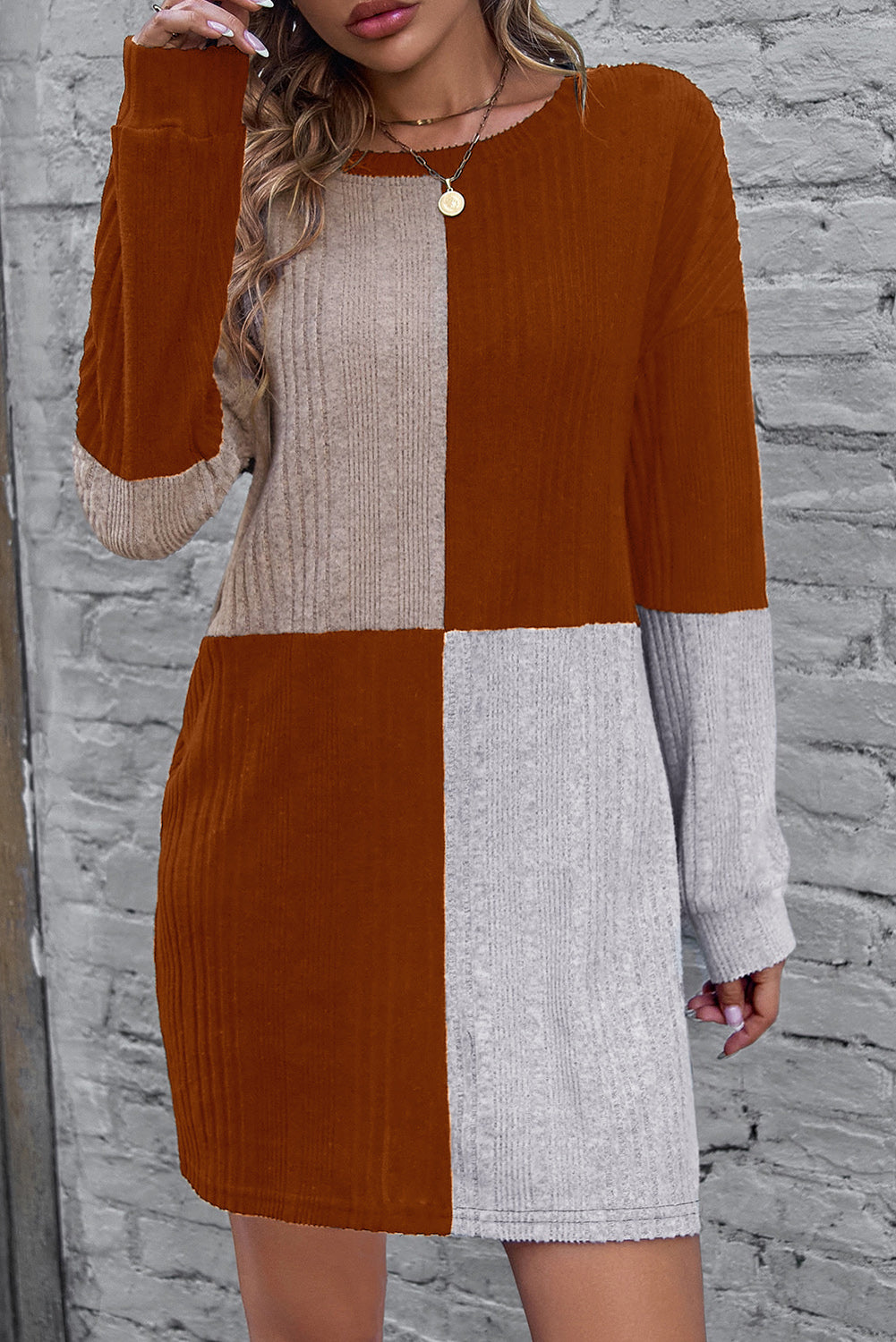Textured Color Block Round Neck Dress - Tantalize Boutique