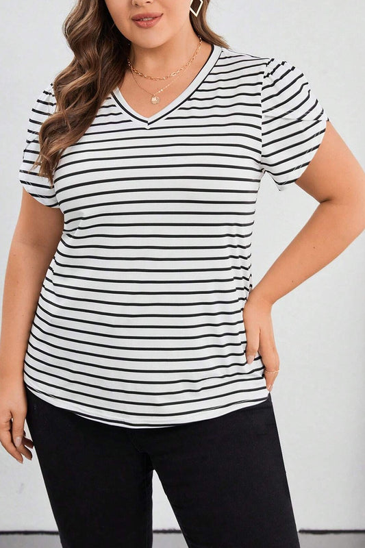 Plus Size Striped V-Neck Short Sleeve T-Shirt - Tantalize Boutique