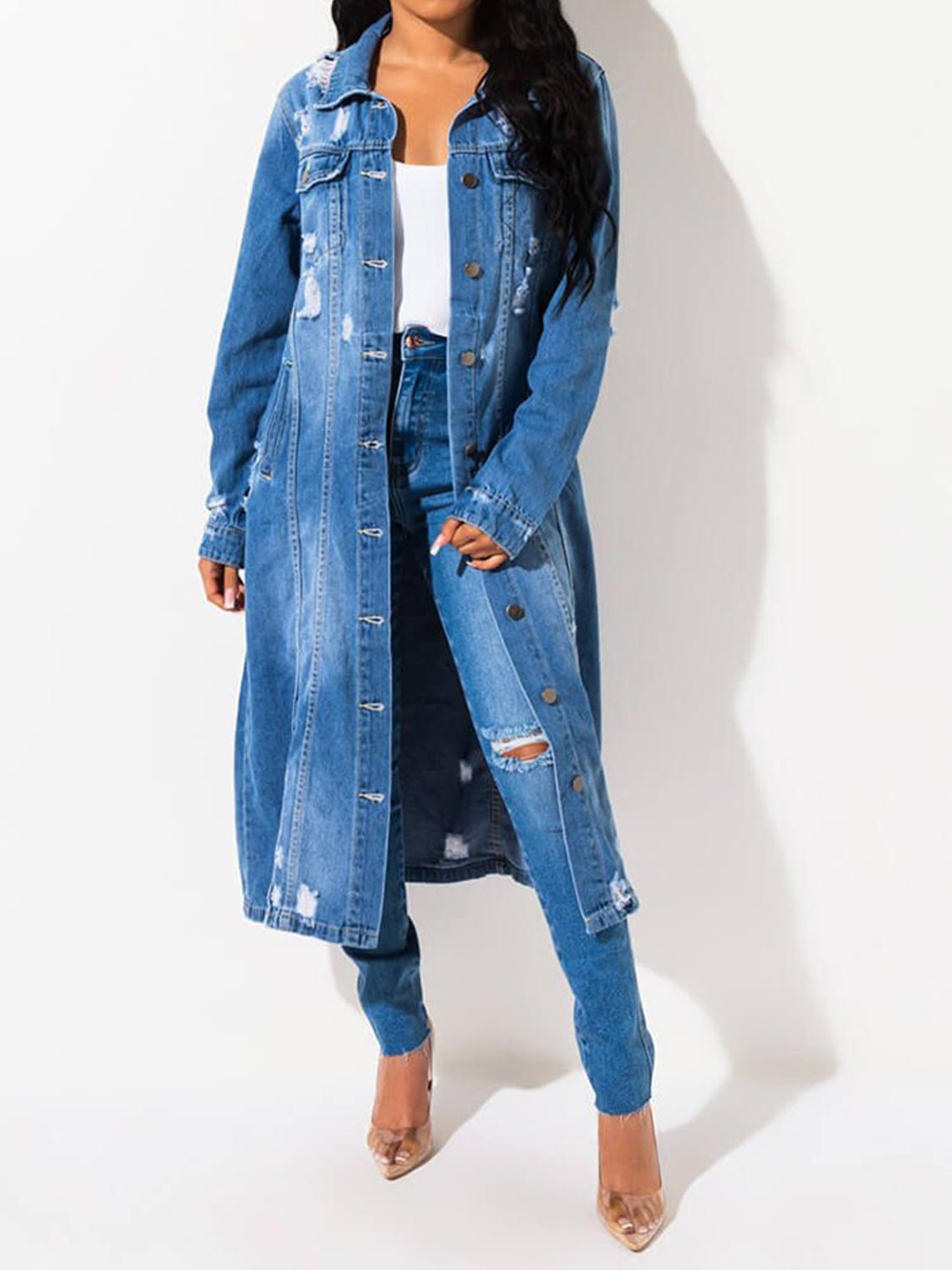 Long Sleeve Raw Hem Denim Jacket - Tantalize Boutique