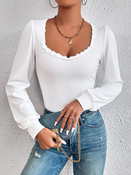 Applique Scoop Neck Long Sleeve T-Shirt - Tantalize Boutique