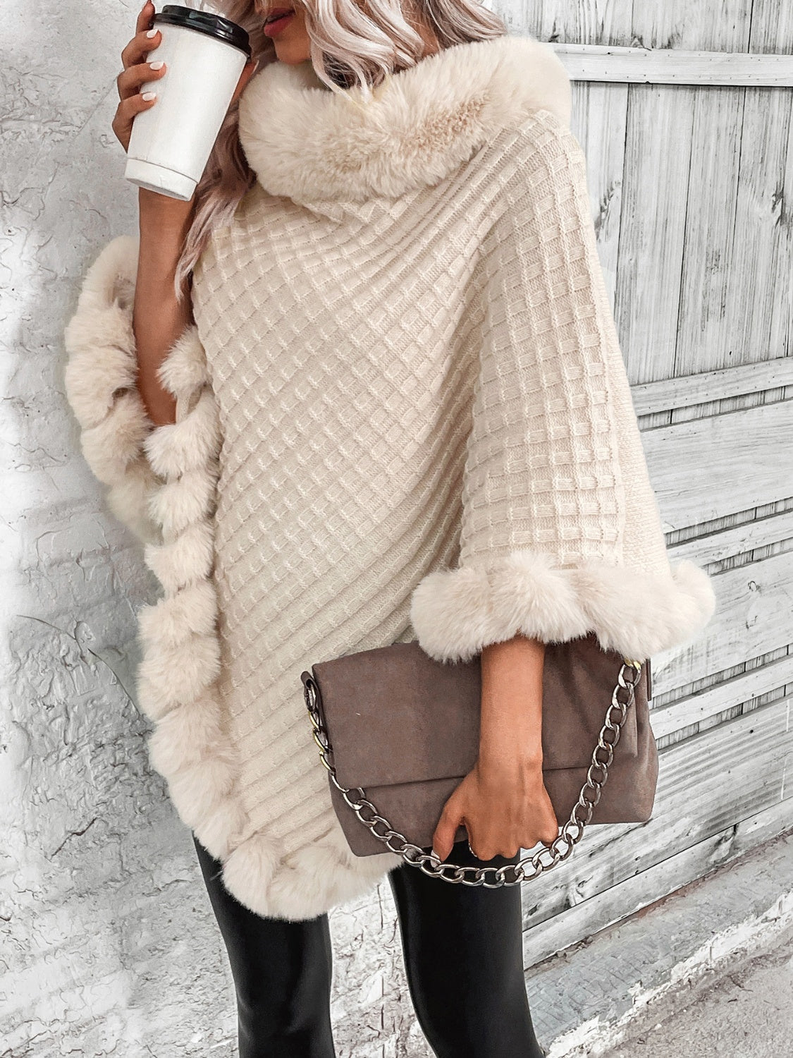 Faux Fur Trim Poncho - Tantalize Boutique