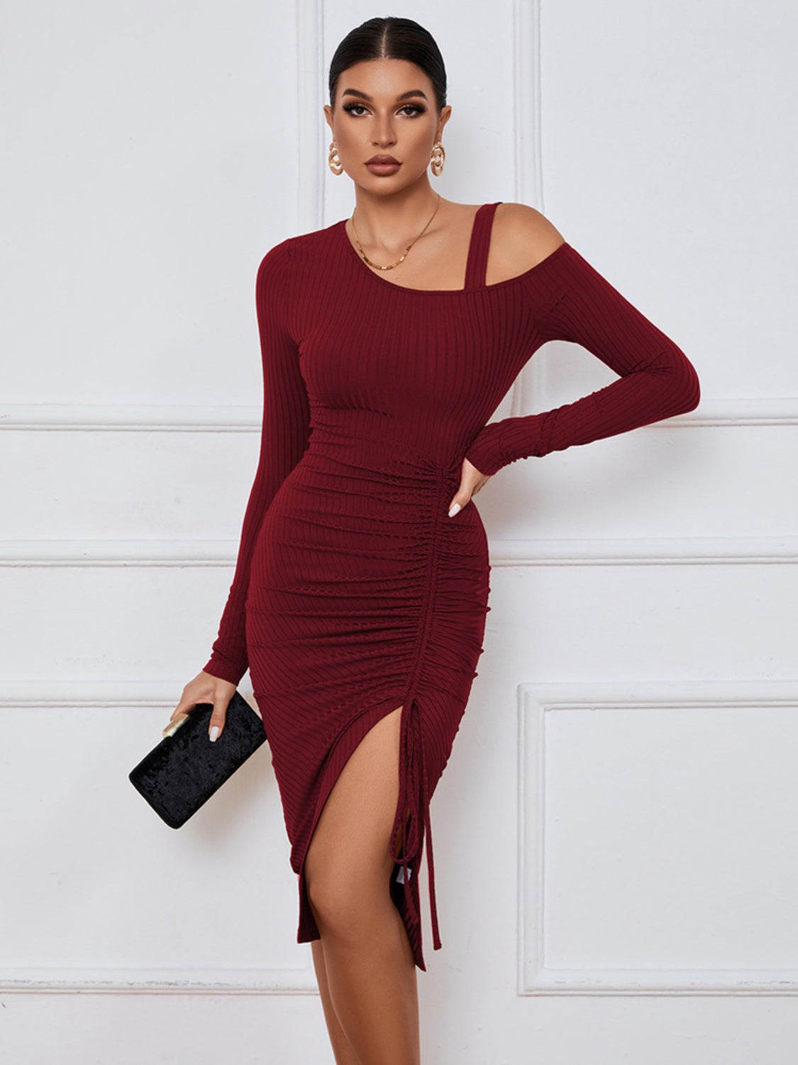 Ribbed Ruched Drawstring Wrap Dress - Tantalize Boutique