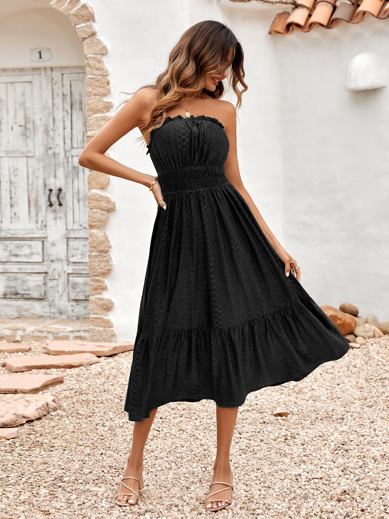Frill Trim Strapless Midi Dress - Tantalize Boutique