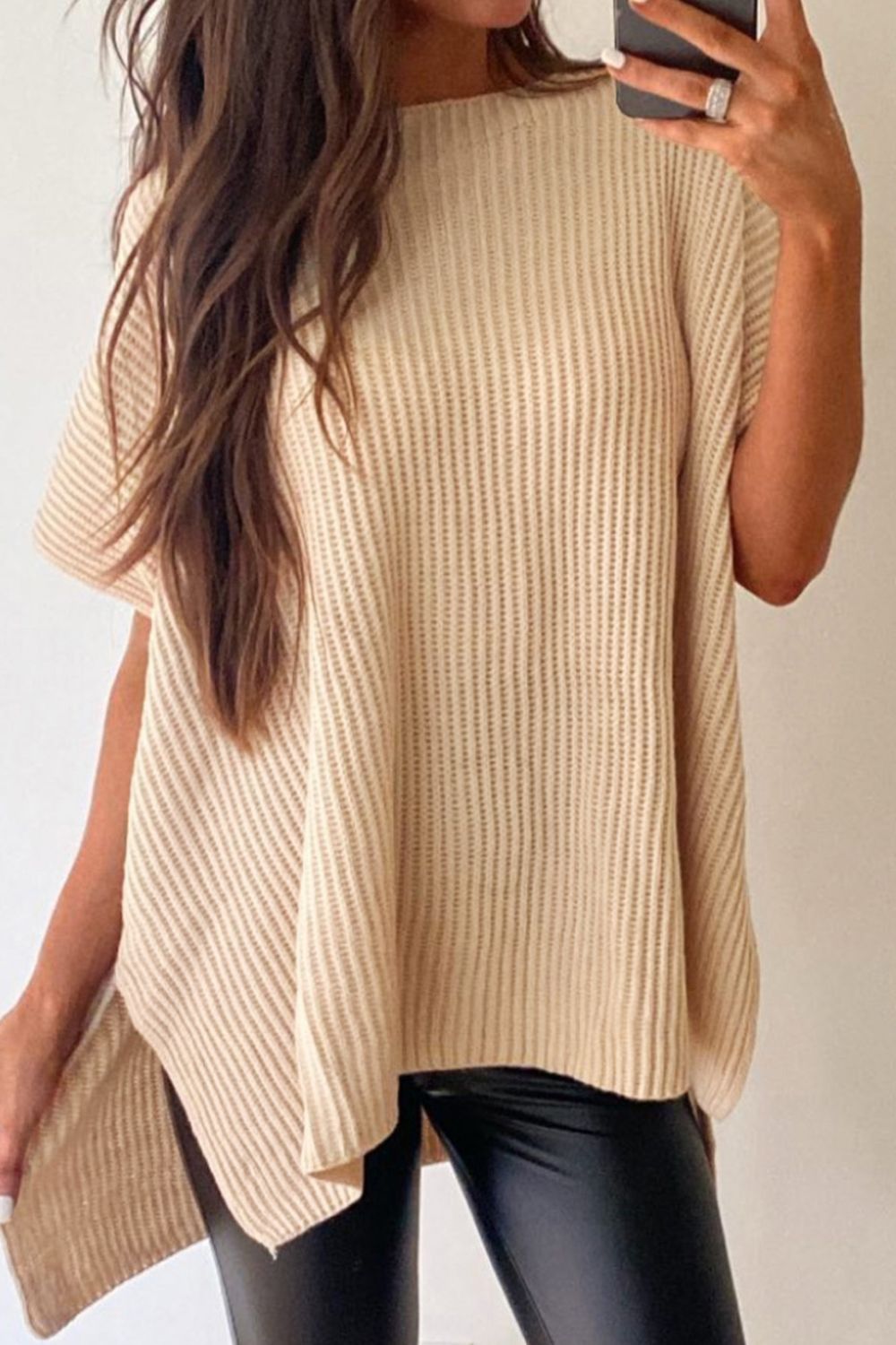 Waffle-Knit Slit Short Sleeve Sweater - Tantalize Boutique