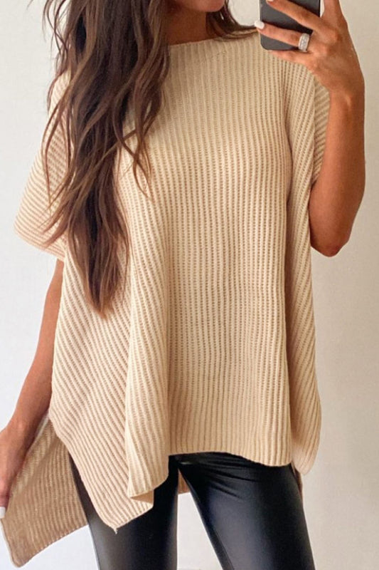 Waffle-Knit Slit Short Sleeve Sweater - Tantalize Boutique