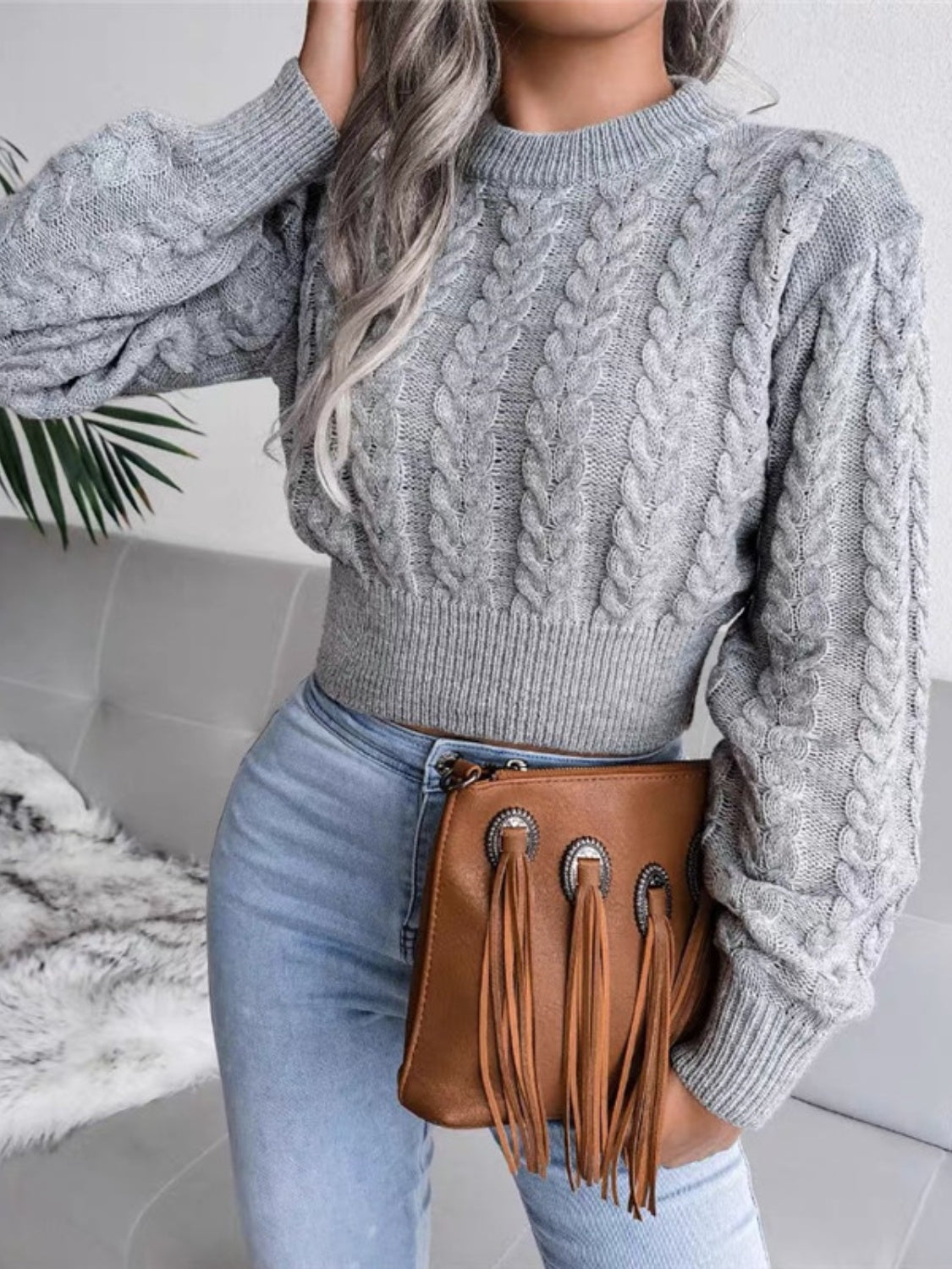 Cable-Knit Round Neck Cropped Sweater - Tantalize Boutique