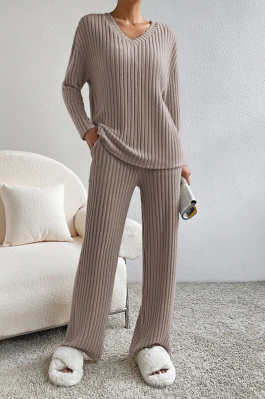 Ribbed V-Neck Top and Pants Set - Tantalize Boutique