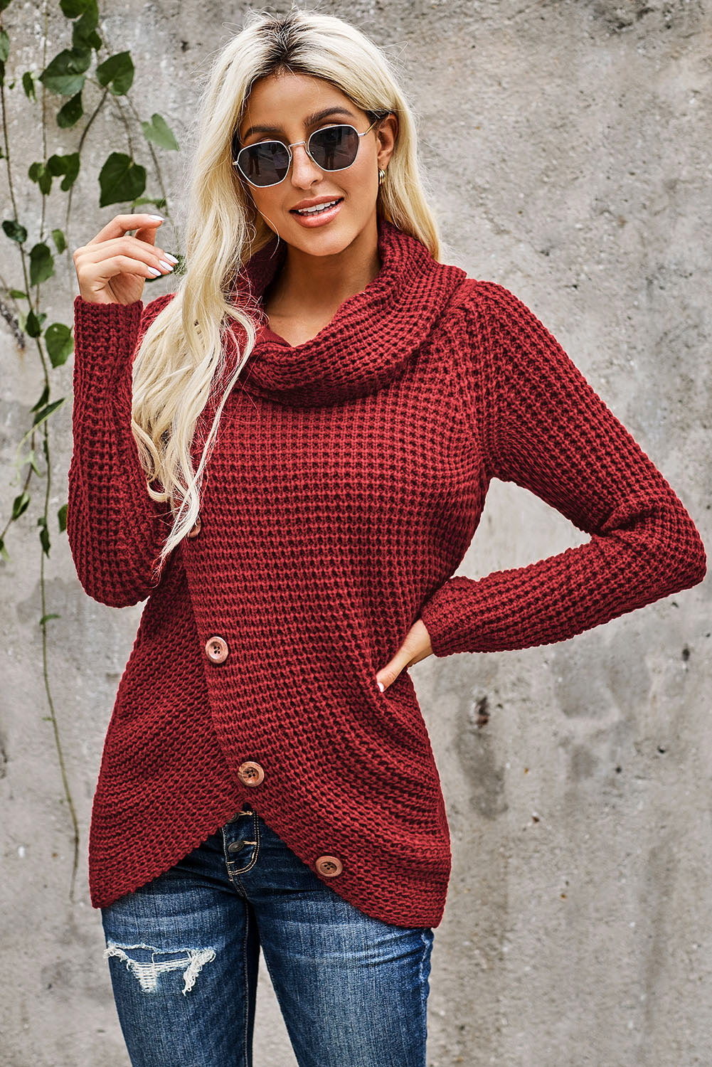 Decorative Button Mock Neck Sweater - Tantalize Boutique