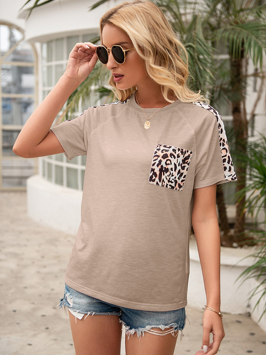 Pocketed Leopard Round Neck Short Sleeve T-Shirt - Tantalize Boutique