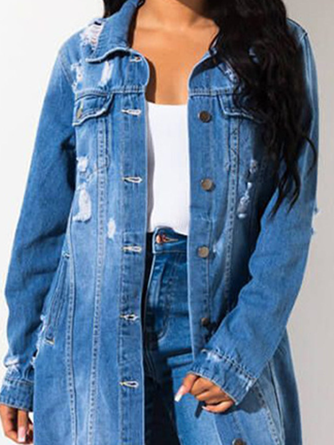 Long Sleeve Raw Hem Denim Jacket - Tantalize Boutique