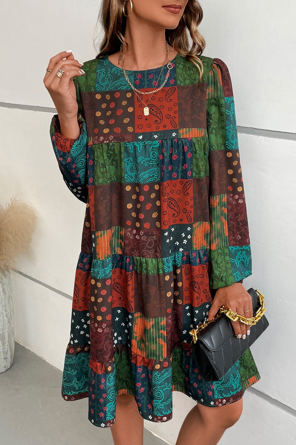 Printed Balloon Sleeve Tiered Dress - Tantalize Boutique