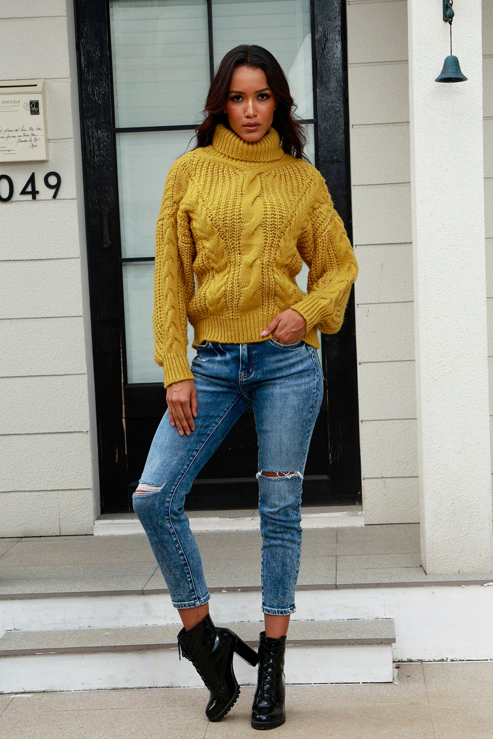 Cable-Knit Turtleneck Long Sleeve Sweater - Tantalize Boutique