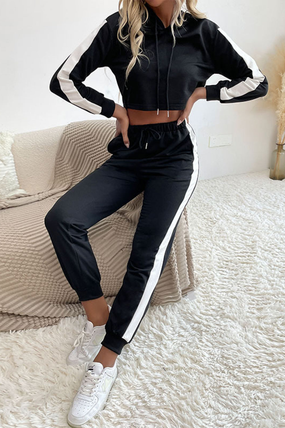 Side Stripe Cropped Hoodie and Jogger Set - Tantalize Boutique