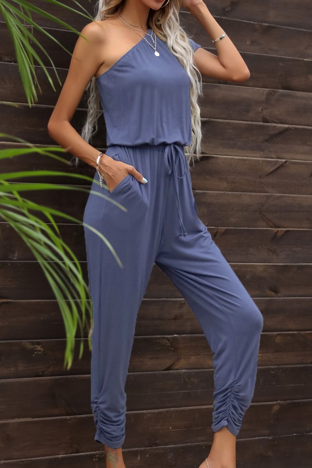 Drawstring Waist One-Shoulder Jumpsuit with Pockets - Tantalize Boutique