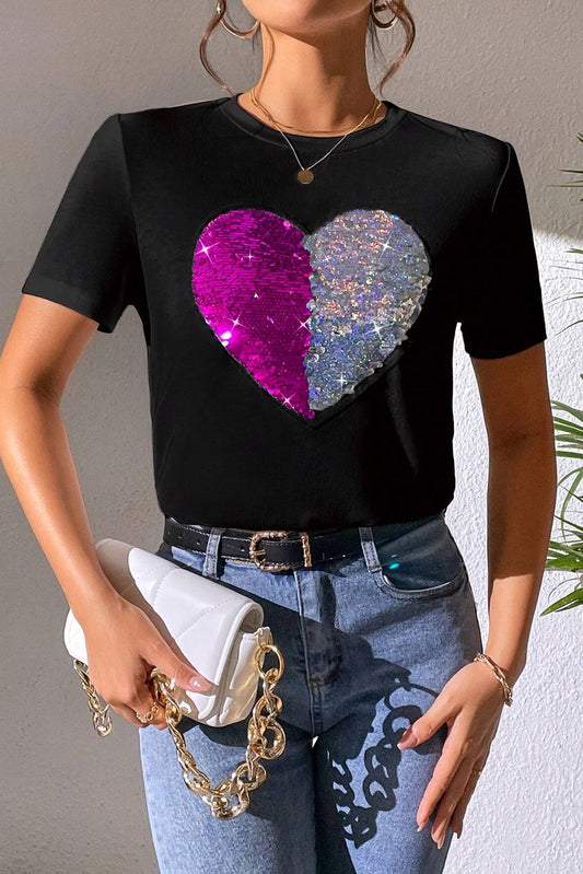 Heart Sequin Round Neck Short Sleeve T-Shirt - Tantalize Boutique