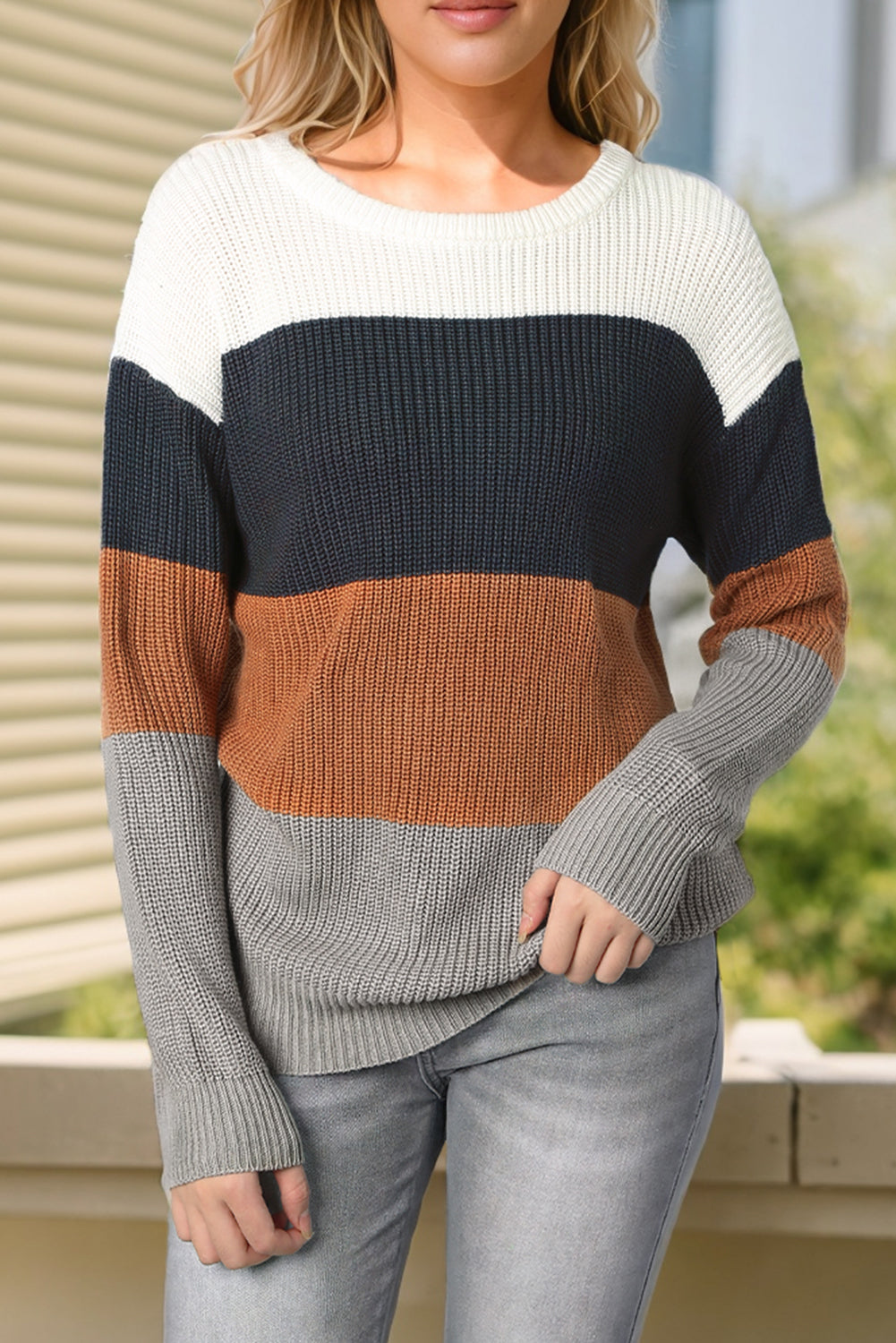 Color Block Round Neck Sweater - Tantalize Boutique