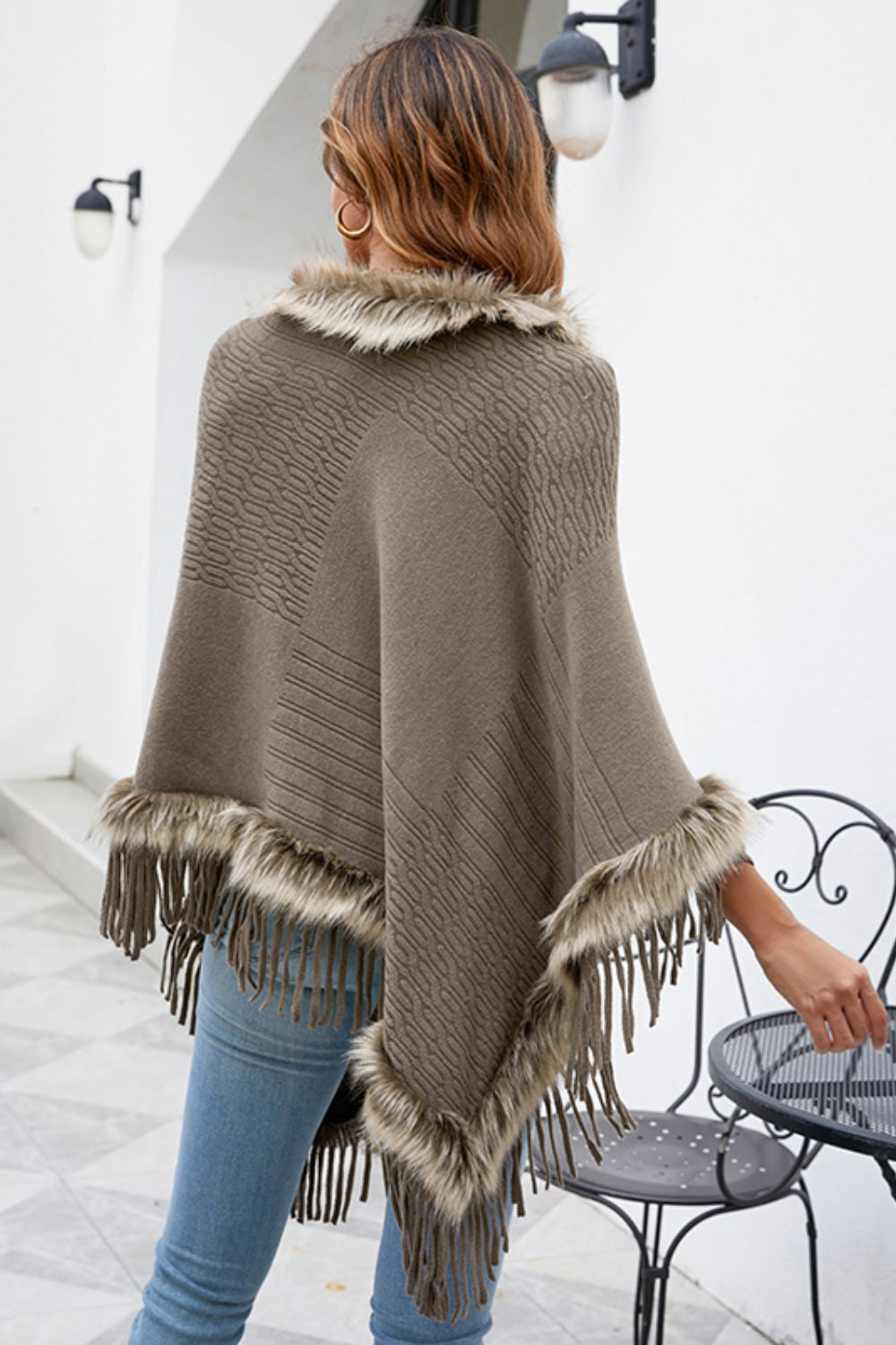 Faux Fur Trim Fringed Poncho - Tantalize Boutique