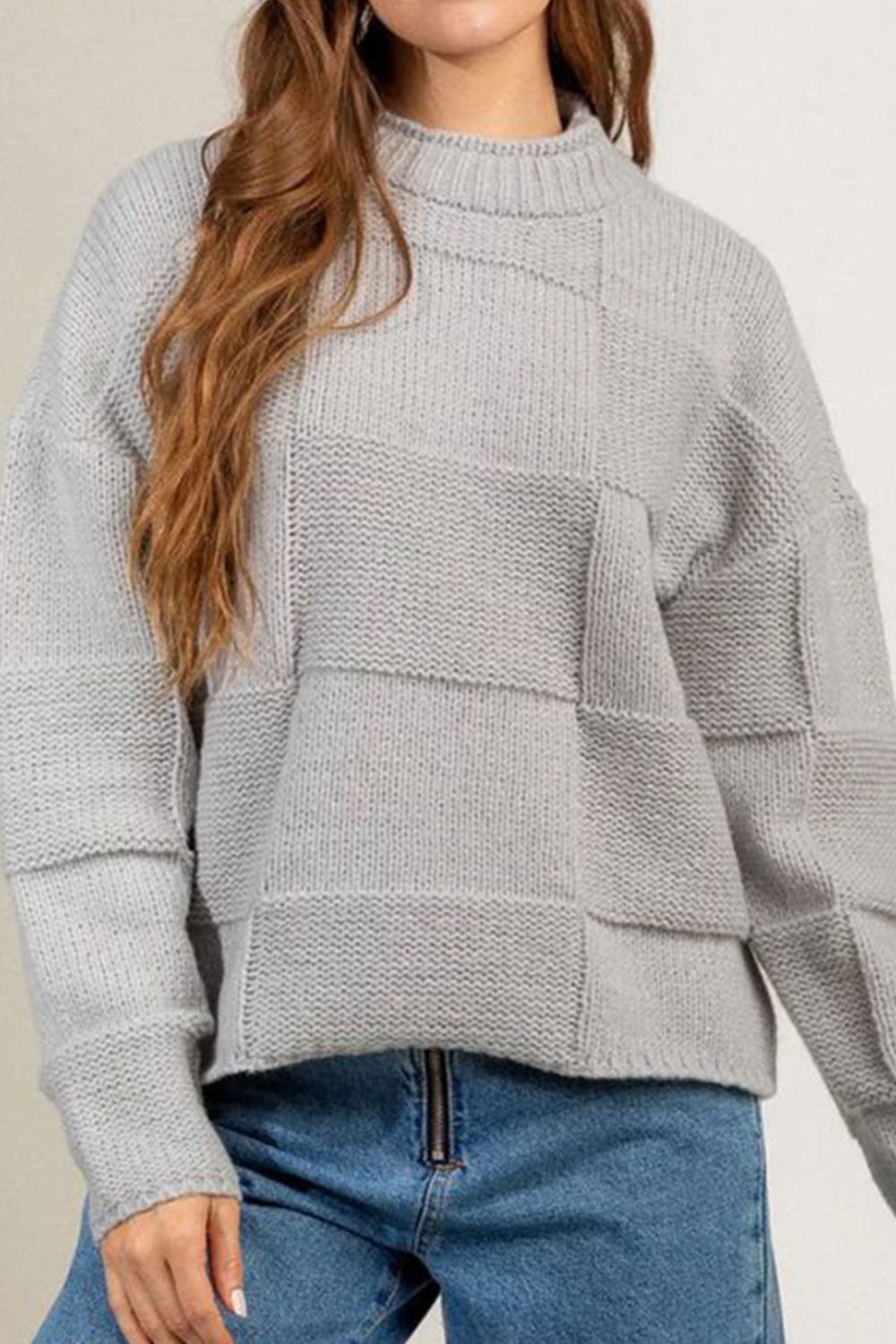 Checkered Texture Long Sleeve Sweater - Tantalize Boutique