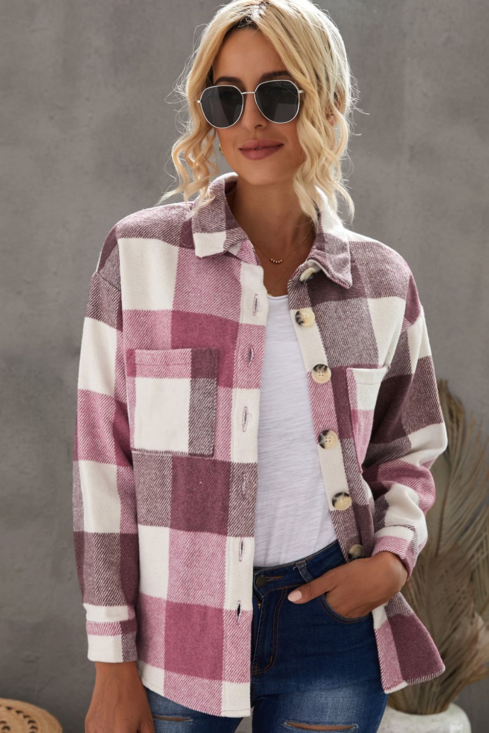 Plaid Button Up Dropped Shoulder Jacket - Tantalize Boutique