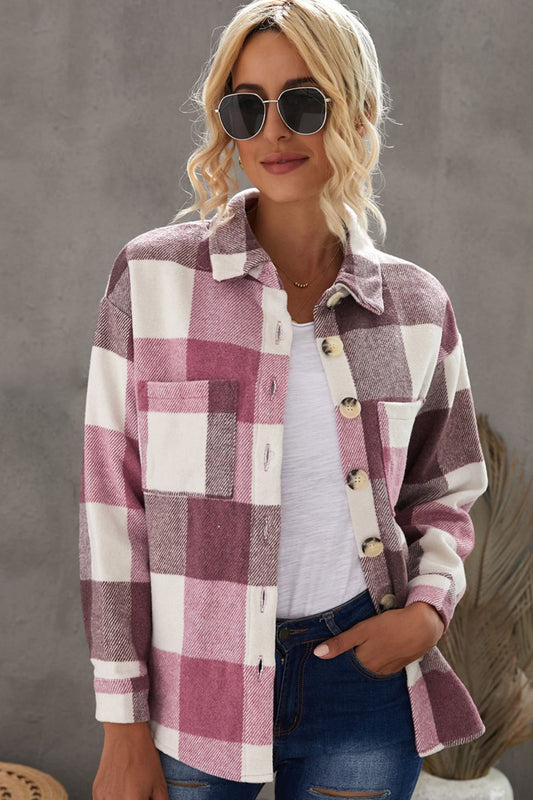 Plaid Button Up Dropped Shoulder Jacket - Tantalize Boutique