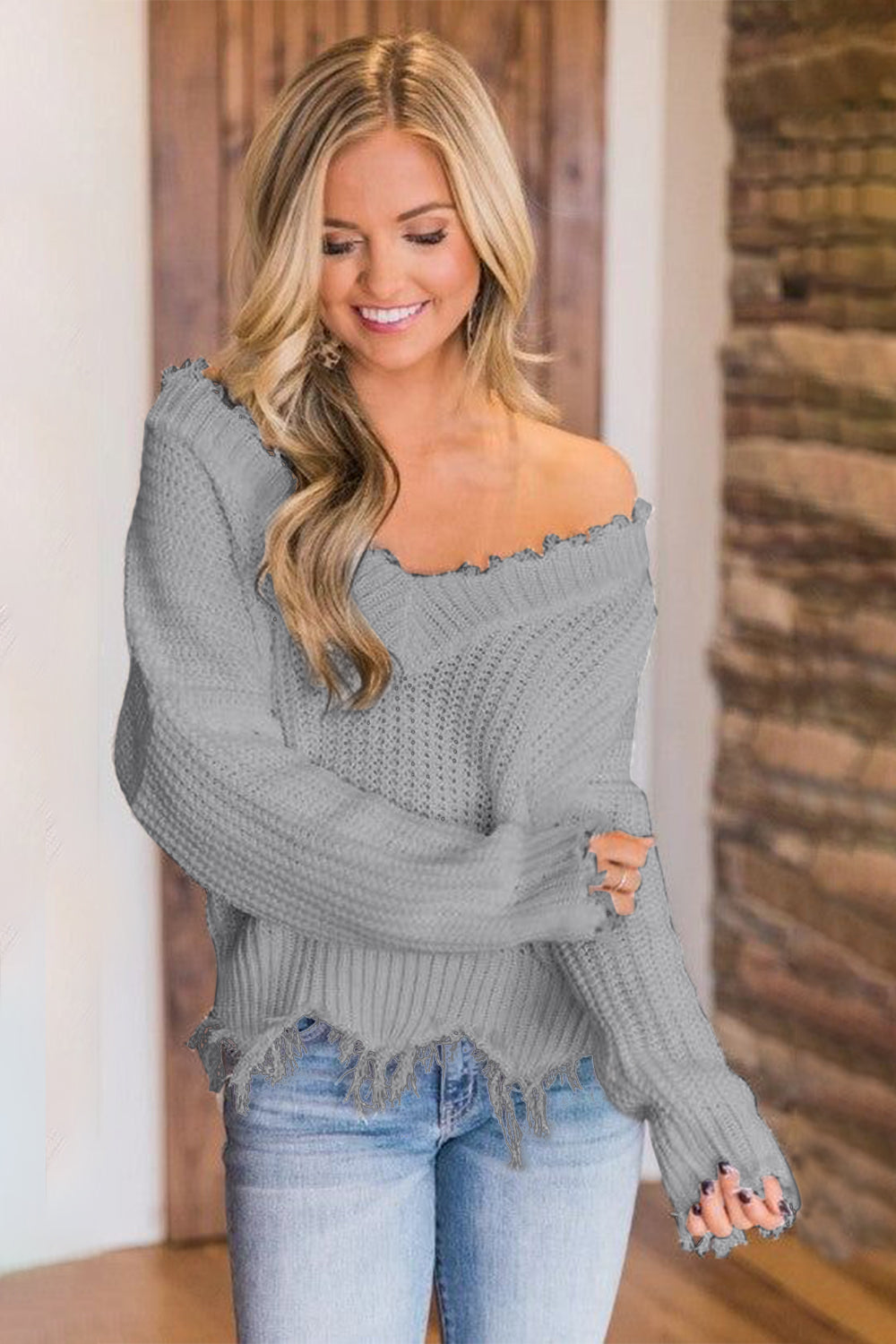 Frayed Hem Dropped Shoulder Sweater - Tantalize Boutique