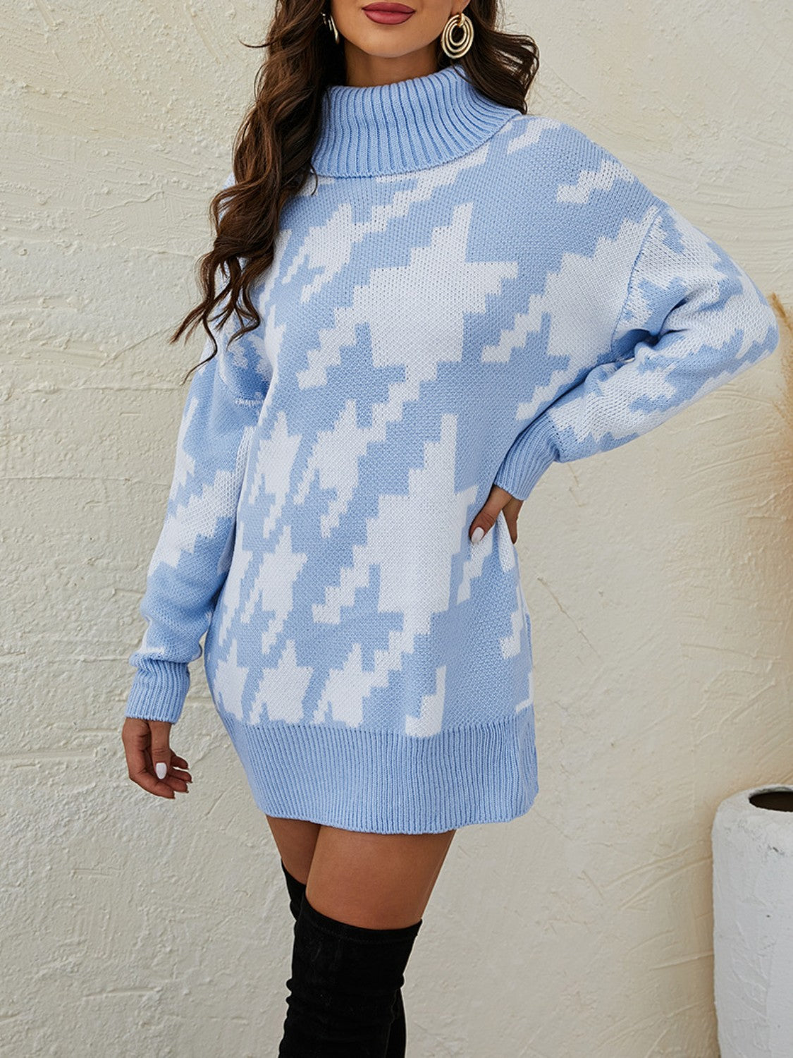Turtleneck Dropped Shoulder Mini Sweater Dress - Tantalize Boutique