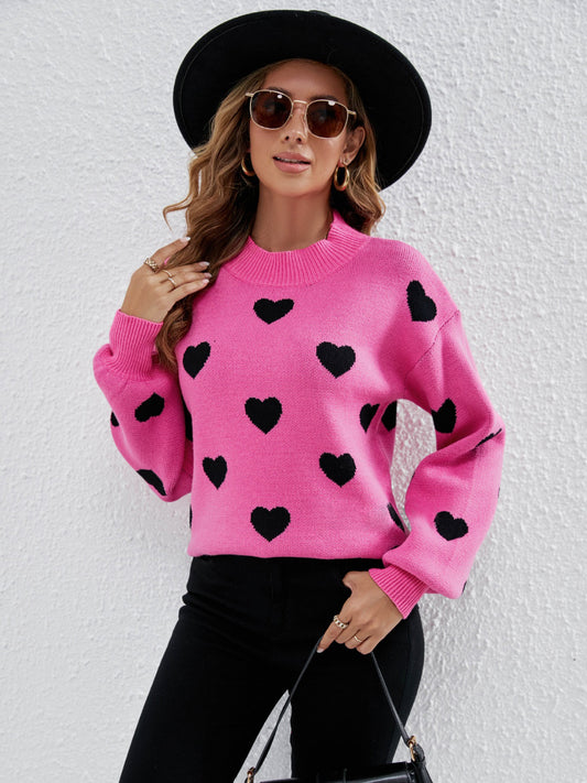 Heart Round Neck Dropped Shoulder Sweater - Tantalize Boutique