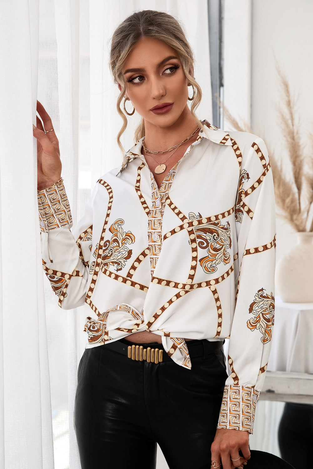 Printed Button Up Long Sleeve Shirt - Tantalize Boutique