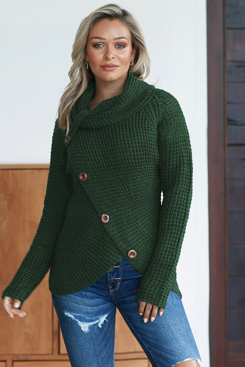 Decorative Button Mock Neck Sweater - Tantalize Boutique