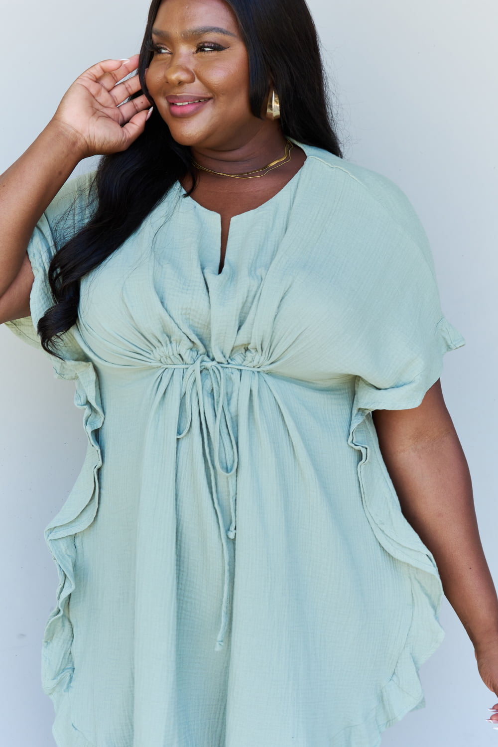 Ninexis Out Of Time Full Size Ruffle Hem Dress with Drawstring Waistband in Light Sage - Tantalize Boutique