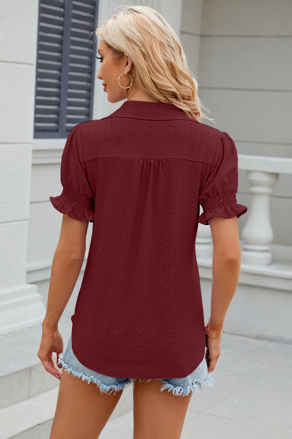 Eyelet Johnny Collar Short Sleeve Blouse - Tantalize Boutique