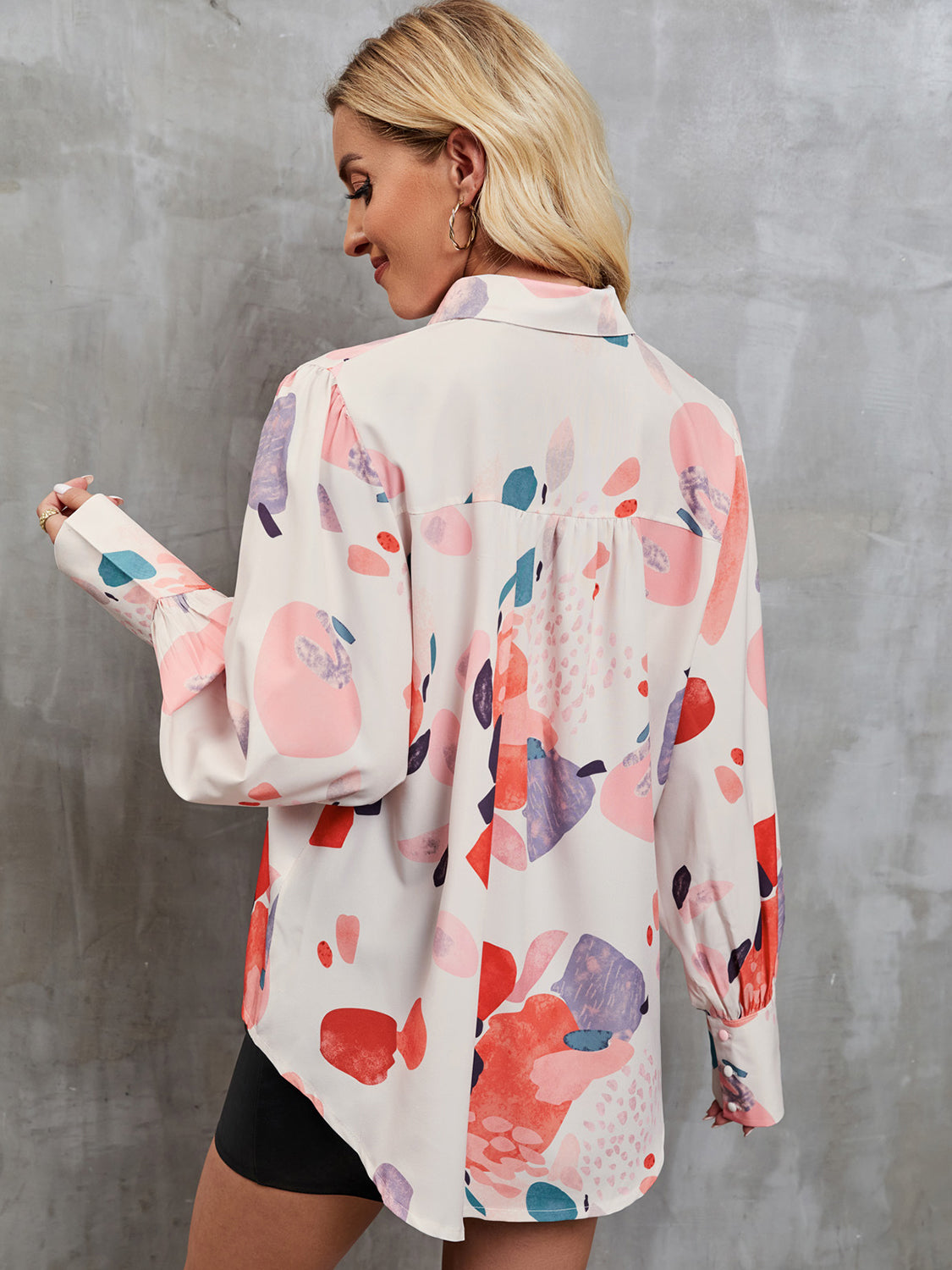 Printed Button Up Lantern Sleeve Shirt - Tantalize Boutique