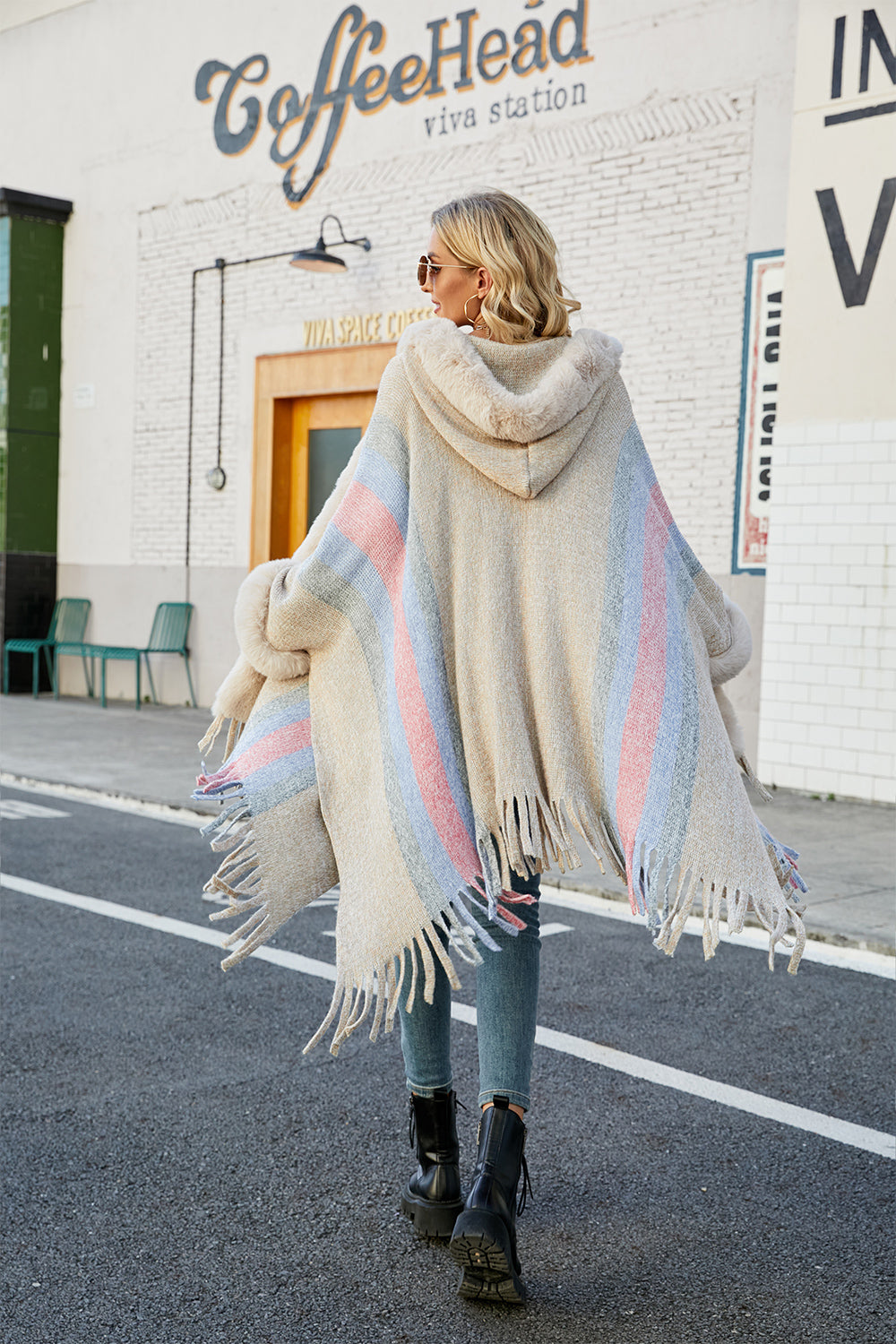 Color Block Fringe Detail Poncho - Tantalize Boutique