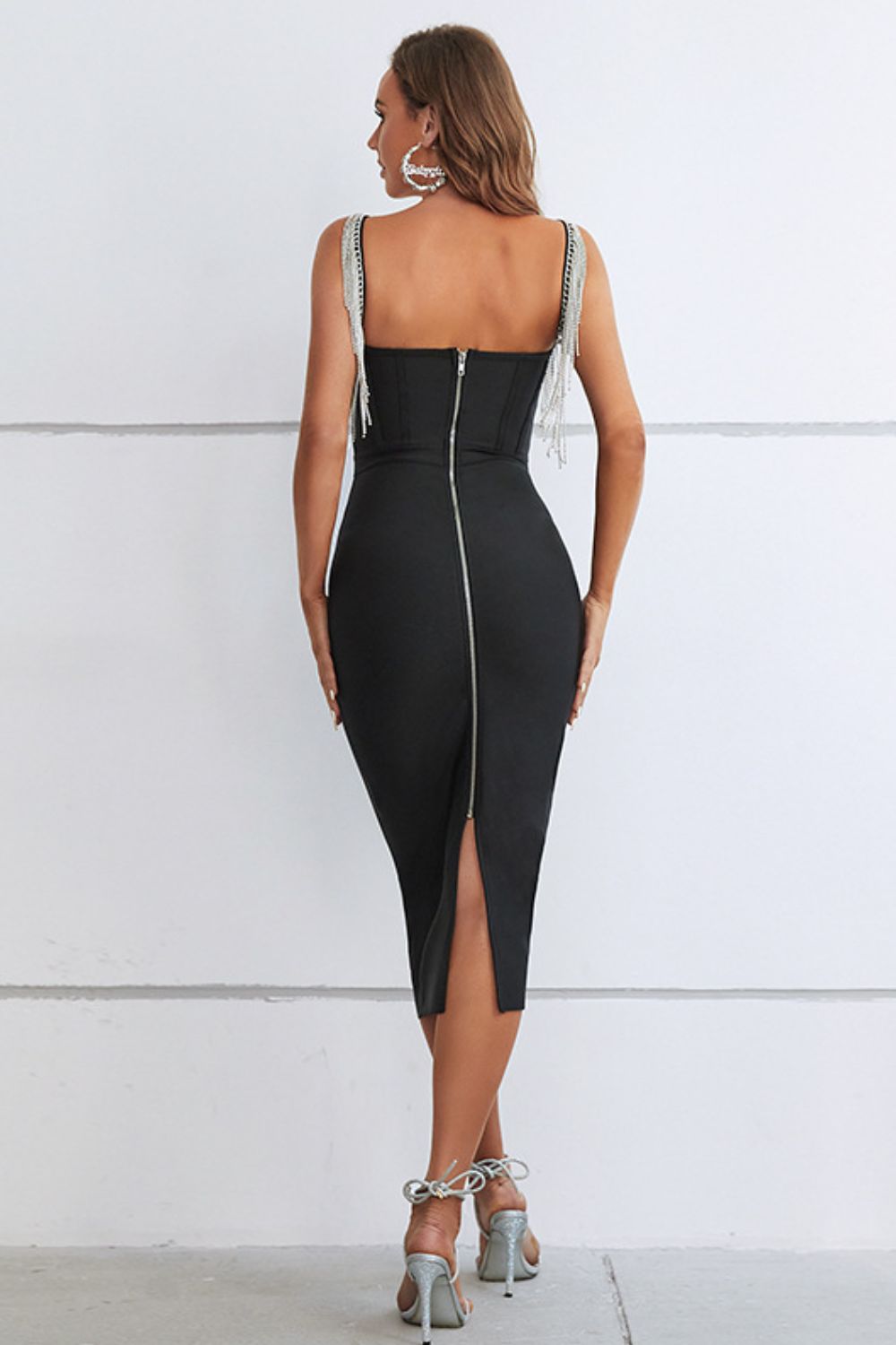 Rhinestone Fringe Sweetheart Neck Slit Dress - Tantalize Boutique