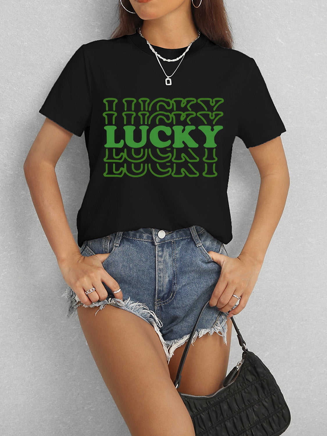 LUCKY Round Neck Short Sleeve T-Shirt - Tantalize Boutique