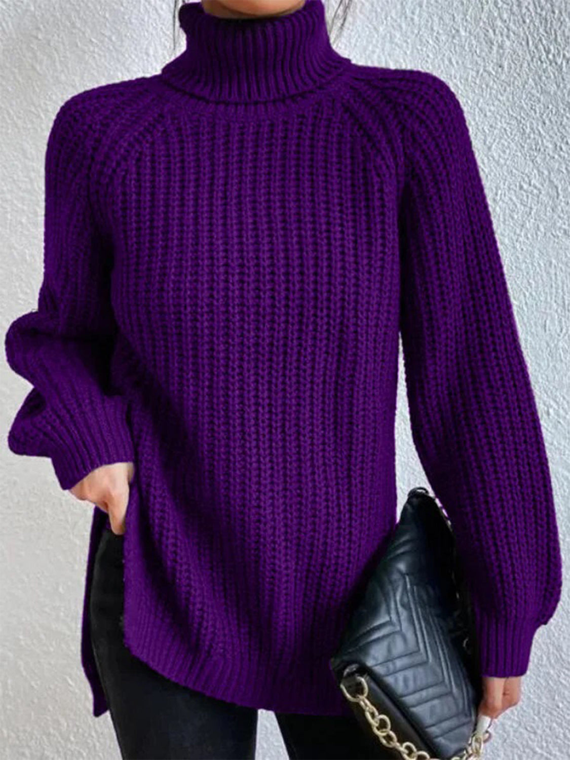 Full Size Turtleneck Rib-Knit Slit Sweater - Tantalize Boutique