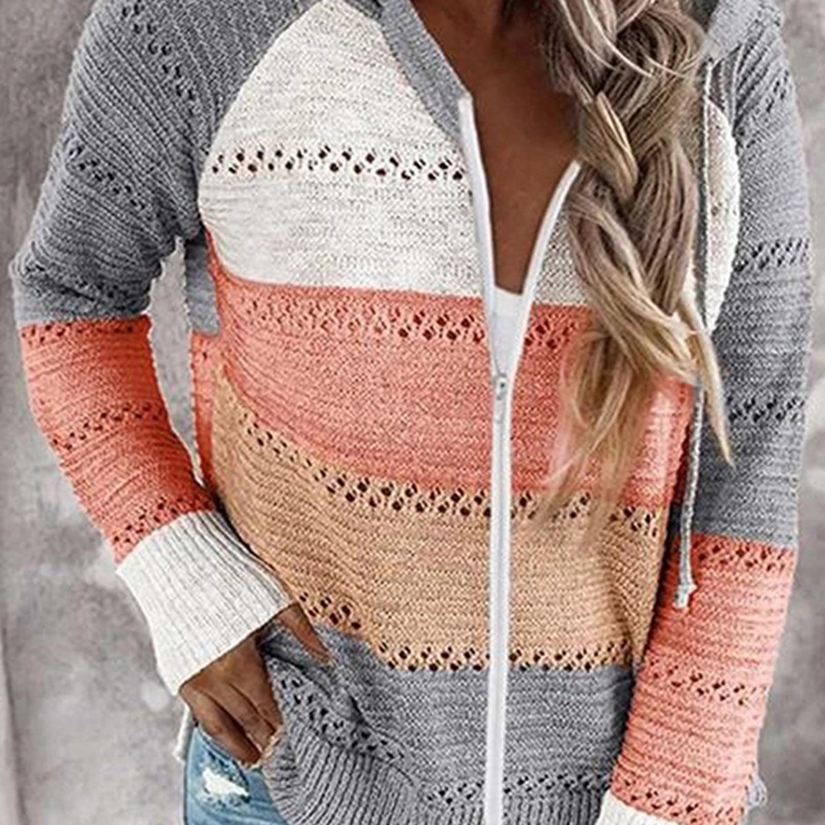 Color Block  Drawstring Hooded Sweater - Tantalize Boutique