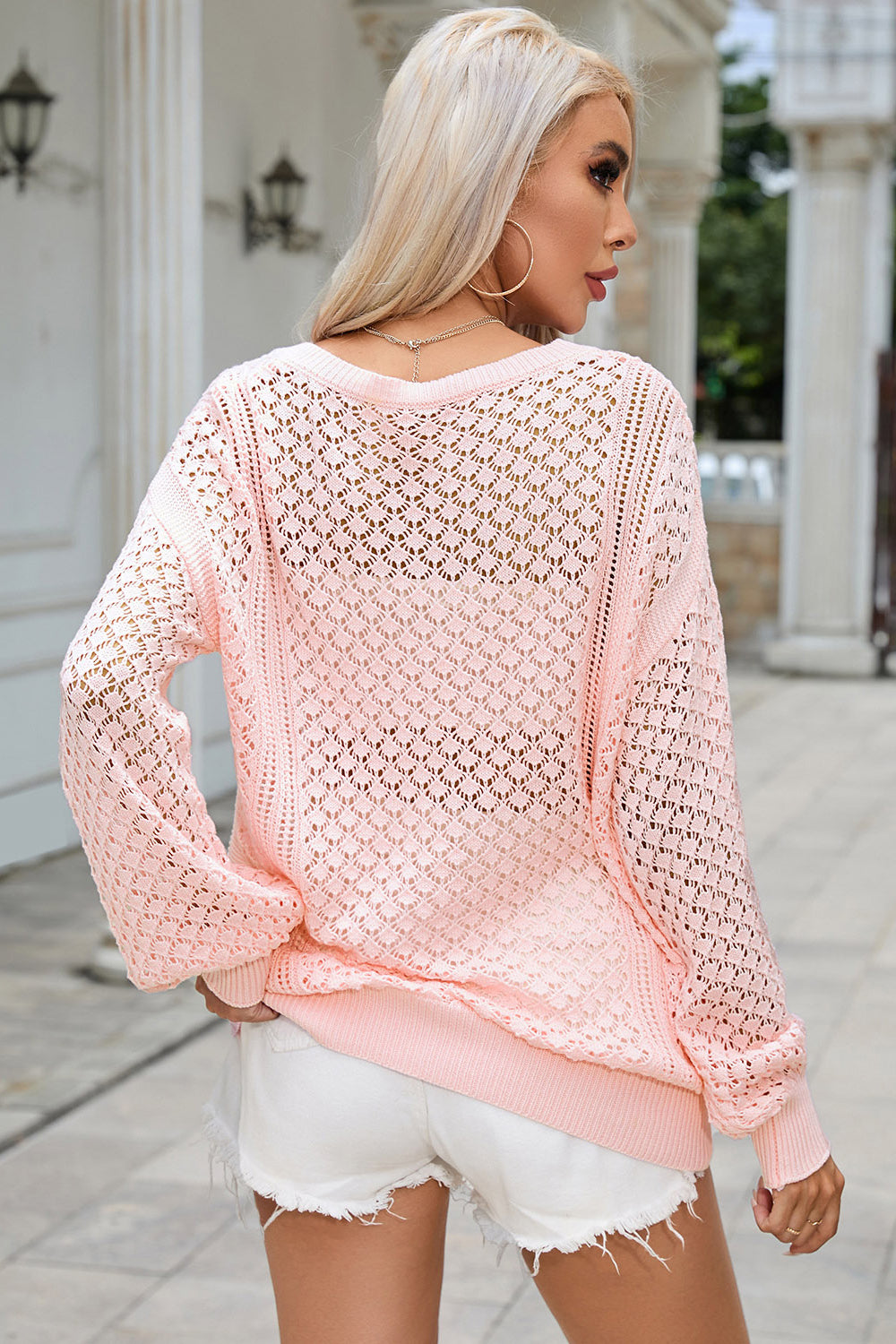 Openwork V-Neck Sweater - Tantalize Boutique