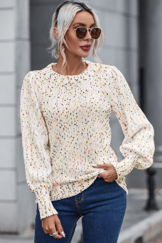 Heathered Round Neck Lantern Sleeve Sweater - Tantalize Boutique
