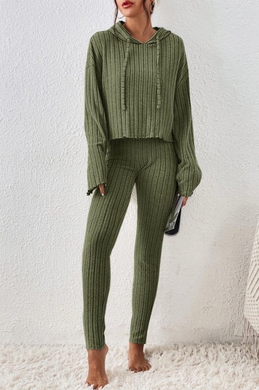 Lettuce Hem Dropped Shoulder Hooded Top and Pants Set - Tantalize Boutique