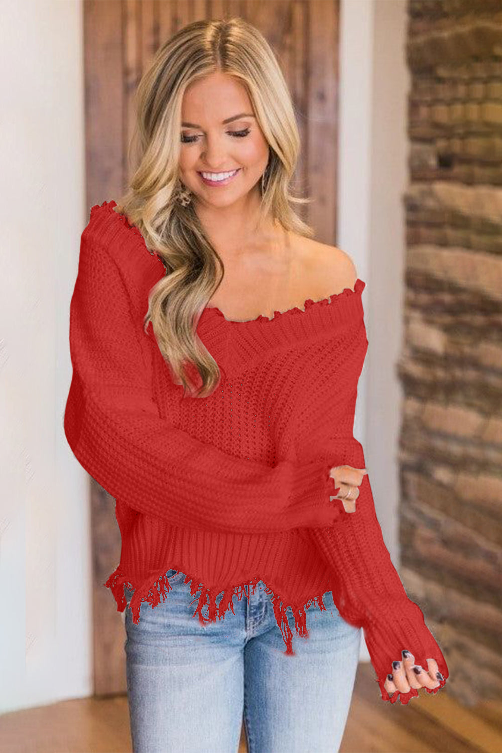 Frayed Hem Dropped Shoulder Sweater - Tantalize Boutique