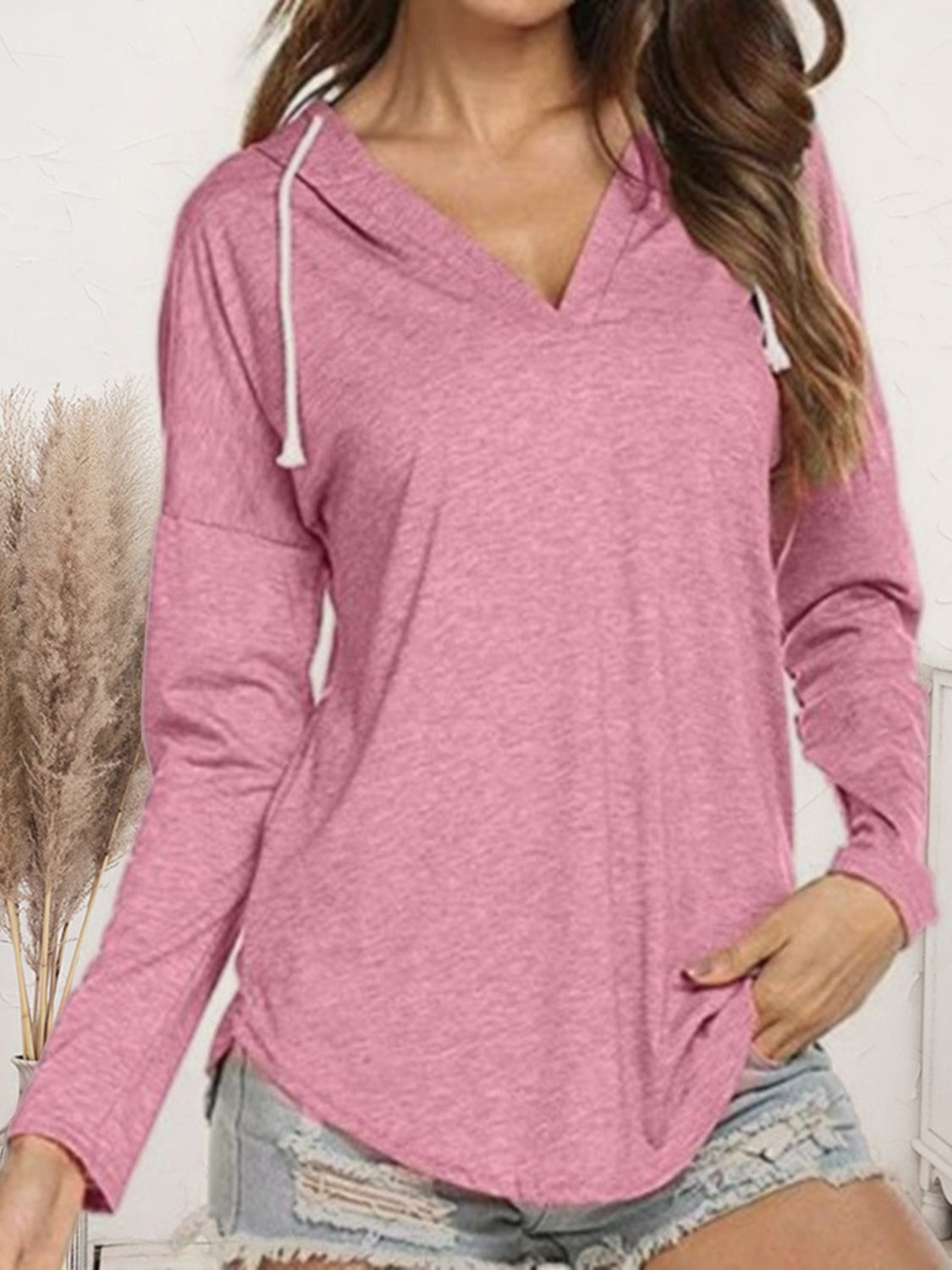 Drawstring Dropped Shoulder Long Sleeve Hoodie - Tantalize Boutique