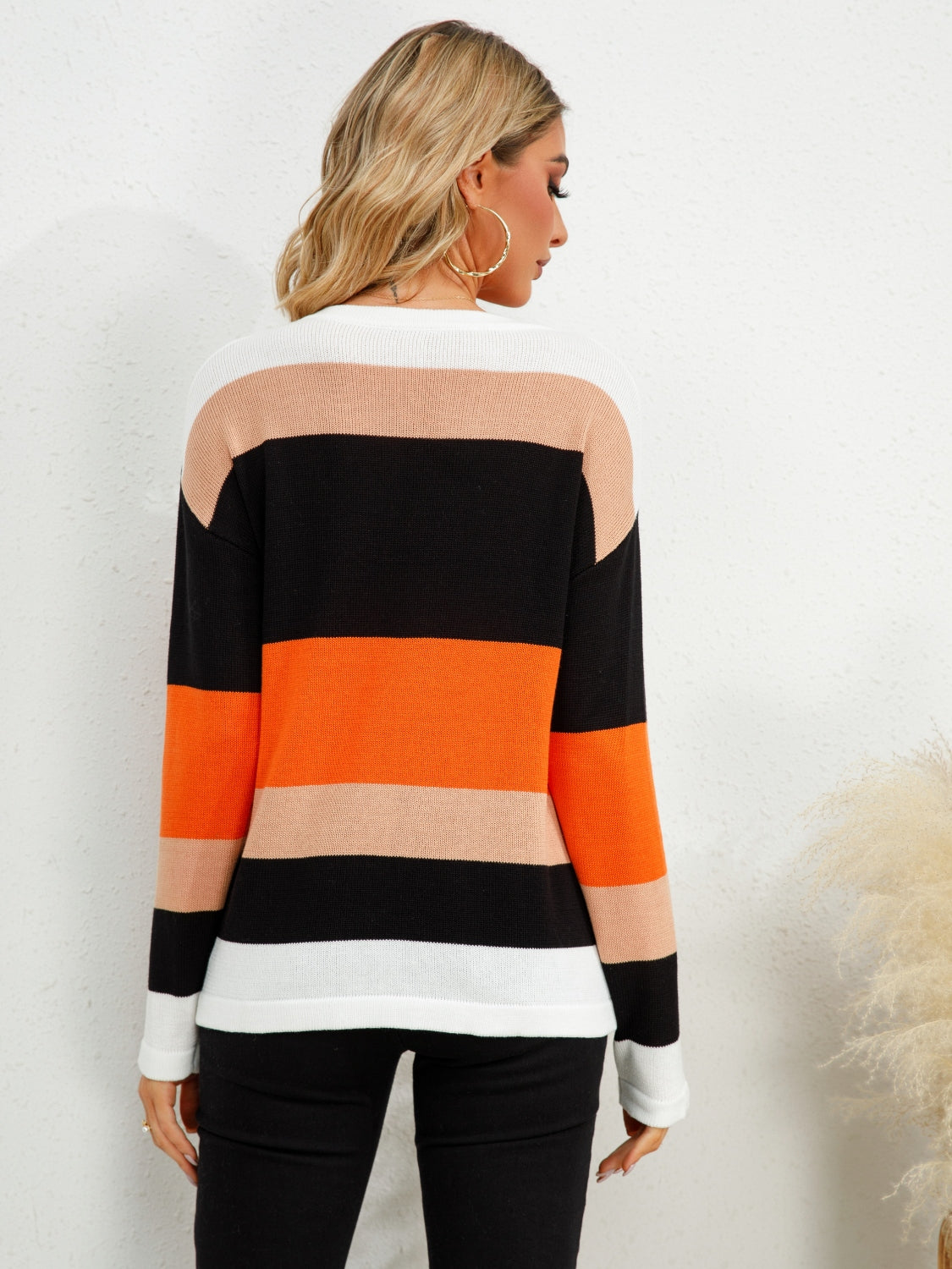 Striped Round Neck Dropped Shoulder Sweater - Tantalize Boutique